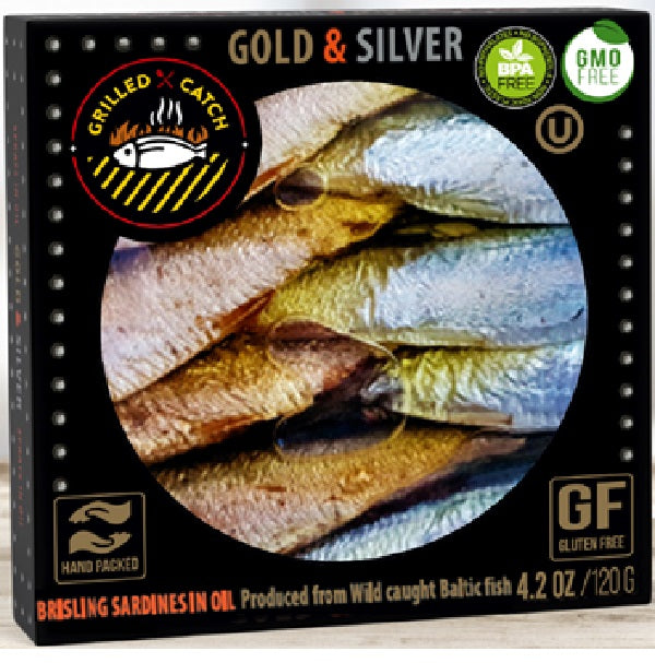 Grilled Catch Wild Caught Brisling Sardines in olive oil Gold & Silver, 4.2 Ounce
