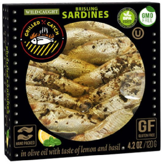 Grilled Catch Wild Caught Brisling Sardines in olive oil with Lemon & Basil, 4.2 Ounce