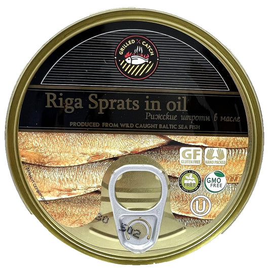 Grilled Catch Riga Sprats, Smoked Brisling Sardines in oil 5.6 oz