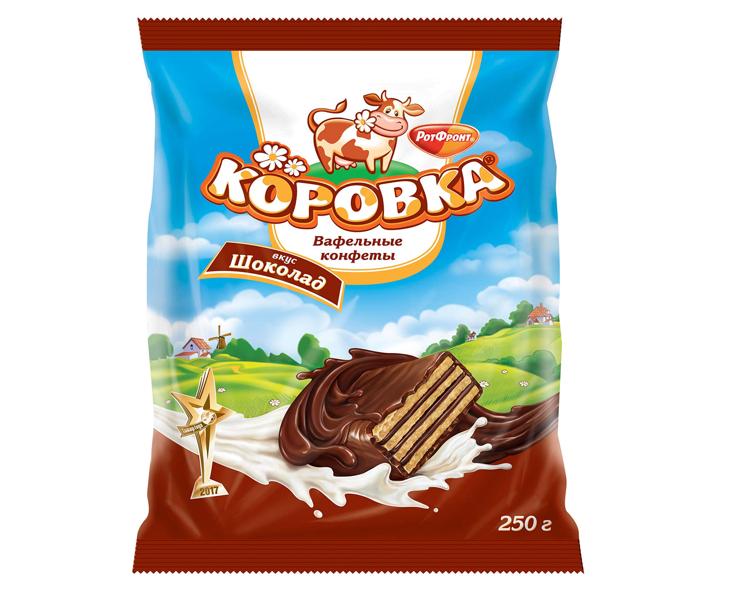 Korovka Chocolate Wafer Cookies with Chocolate Glaze in Individual Wraps 8.8oz/250g Gourmet Imported Russian Candy Sweets Bars, Tender Cocoa Cream Filling